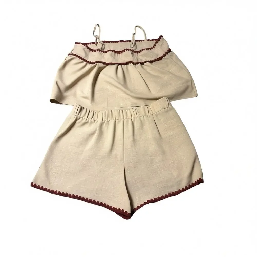 Boutique Khaki Linen Blend Tank Shorts Set Wine Trim Scallop Size M 6 Two Piece